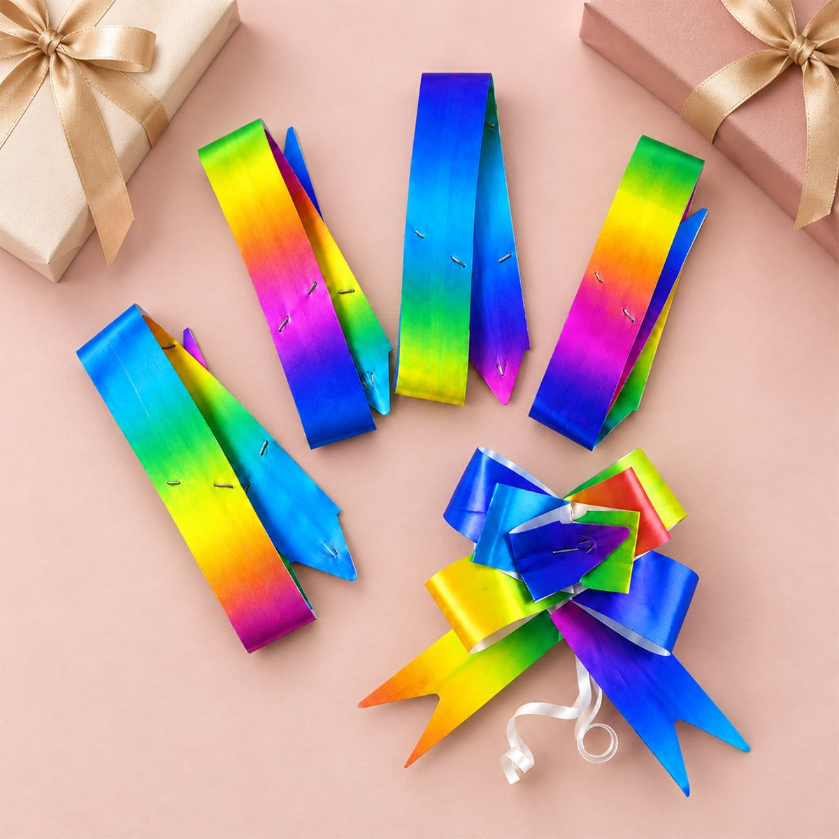 Colourful rainbow pull bow ribbons for gift wrapping five piece set 08