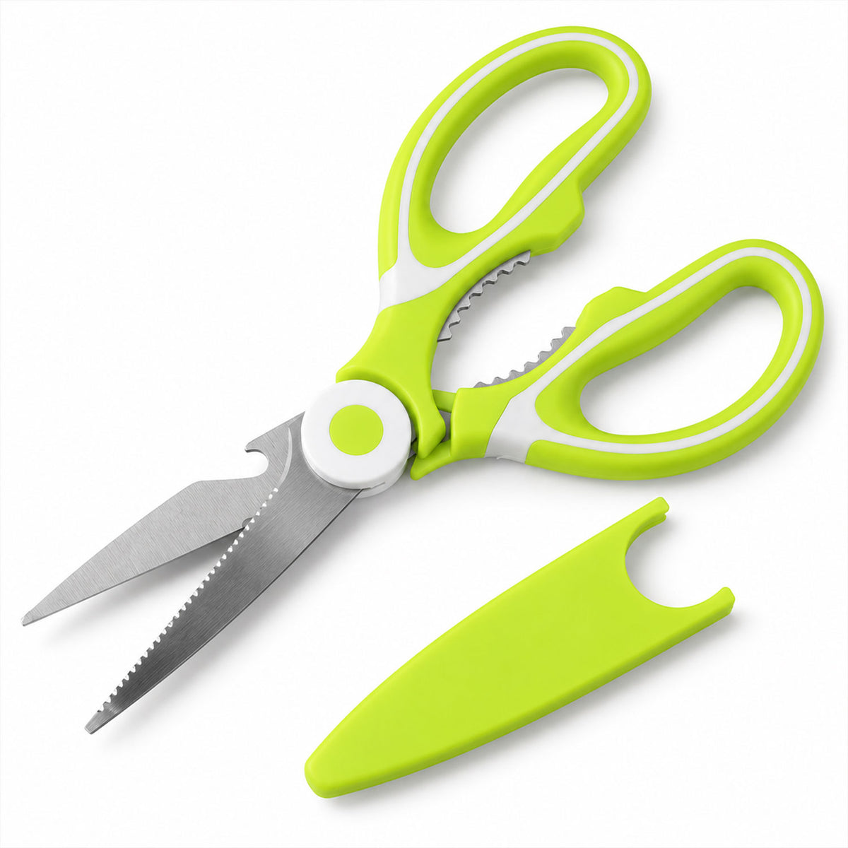 Multipurpose kitchen scissors with protective cover - white background