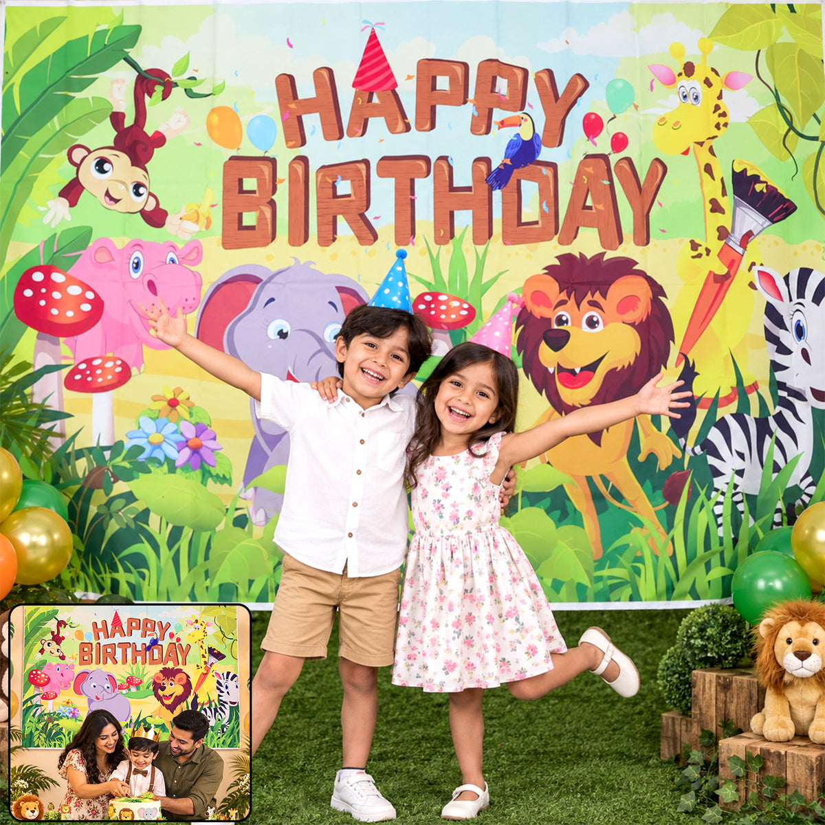 Jungle animal Happy Birthday backdrop at a children's party