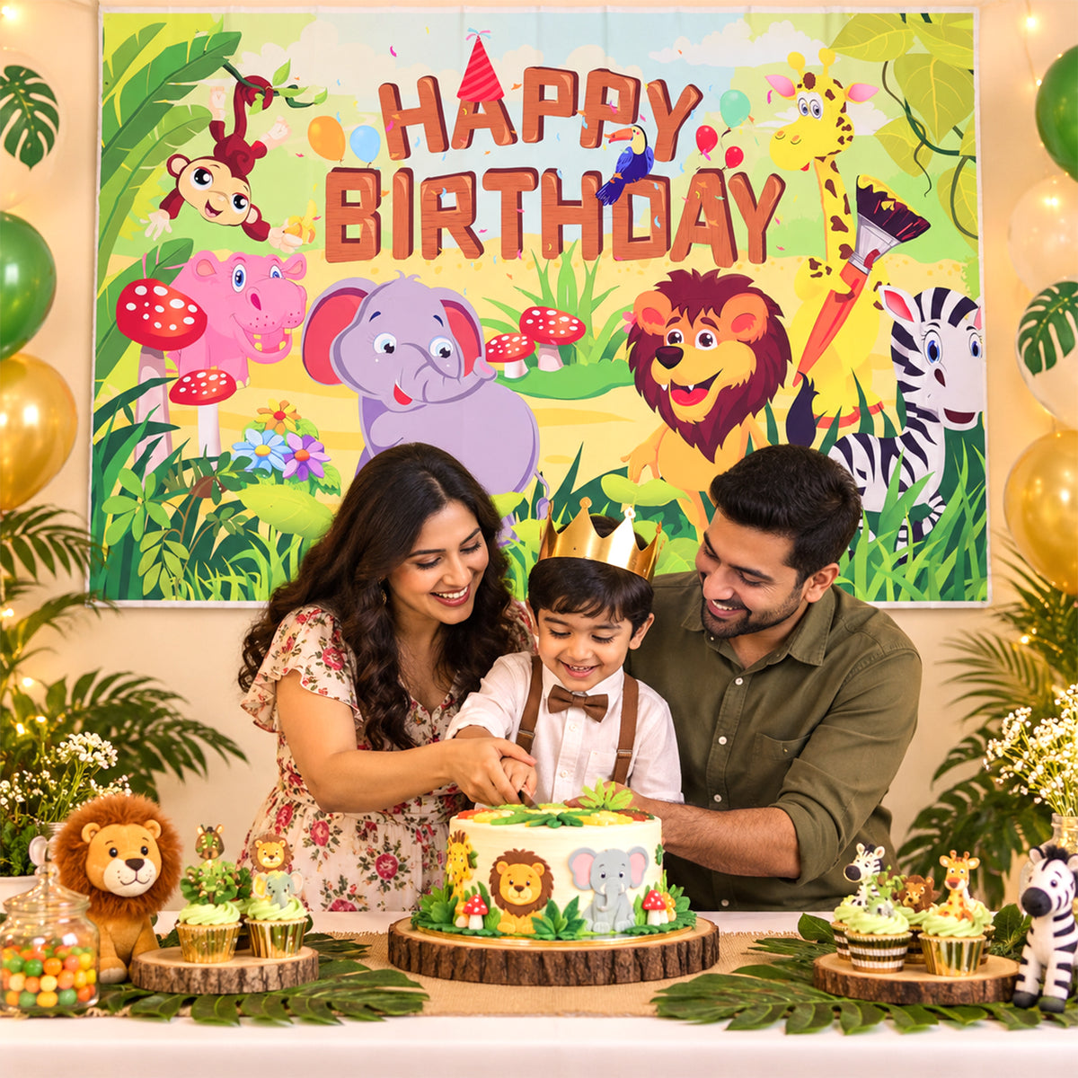 Jungle birthday backdrop behind a family cake table