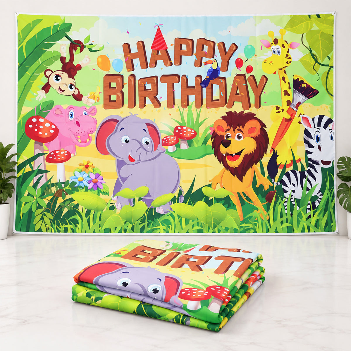 Printed birthday backdrop and folded fabric view