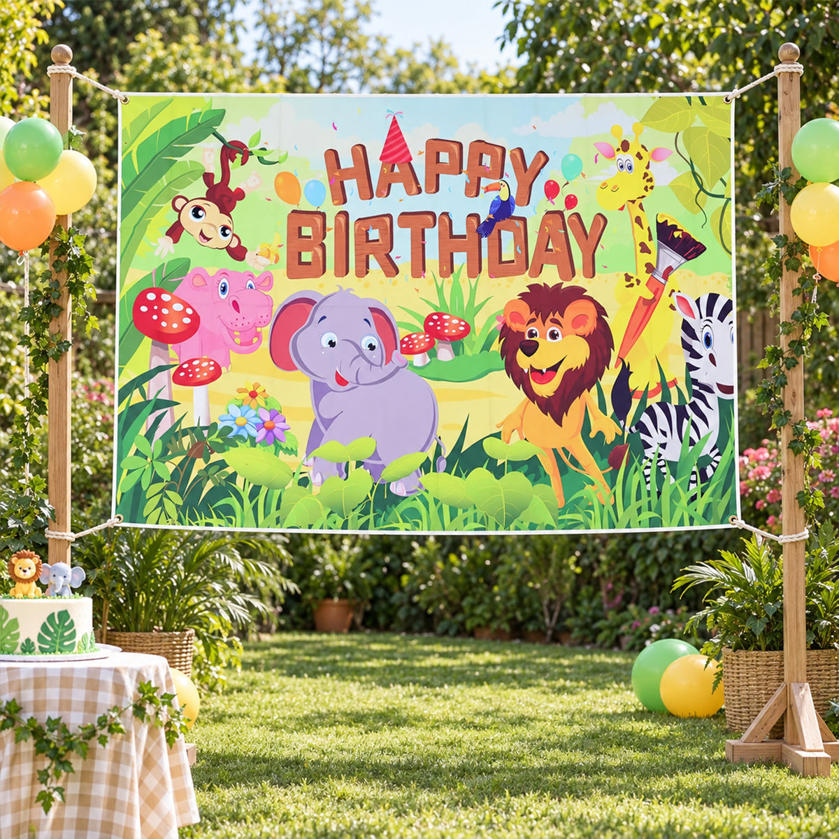 Jungle birthday backdrop at a garden celebration