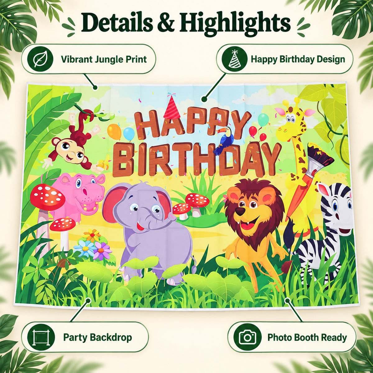 Jungle animal print and Happy Birthday design details