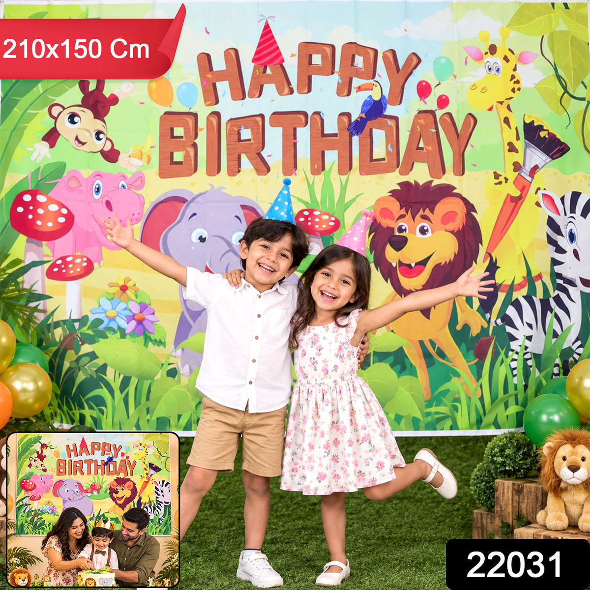 Birthday backdrop with product code 22031 and 210x150 cm label