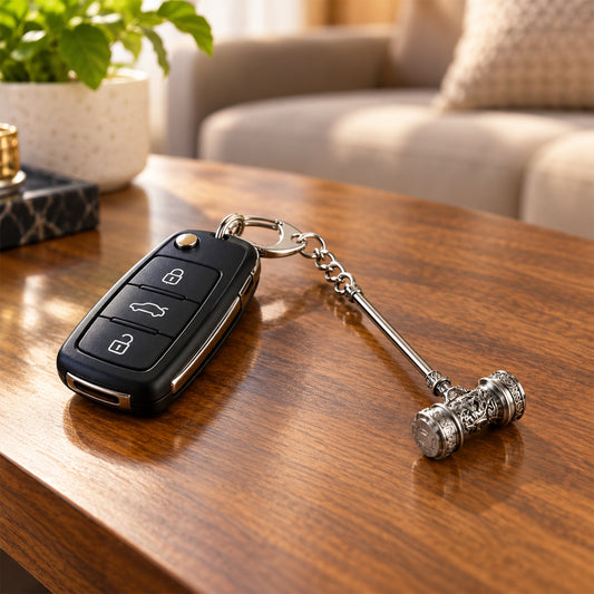 Silver-plated hammer keychain attached to a black car remote, resting on a polished wooden table. A green plant and a sofa