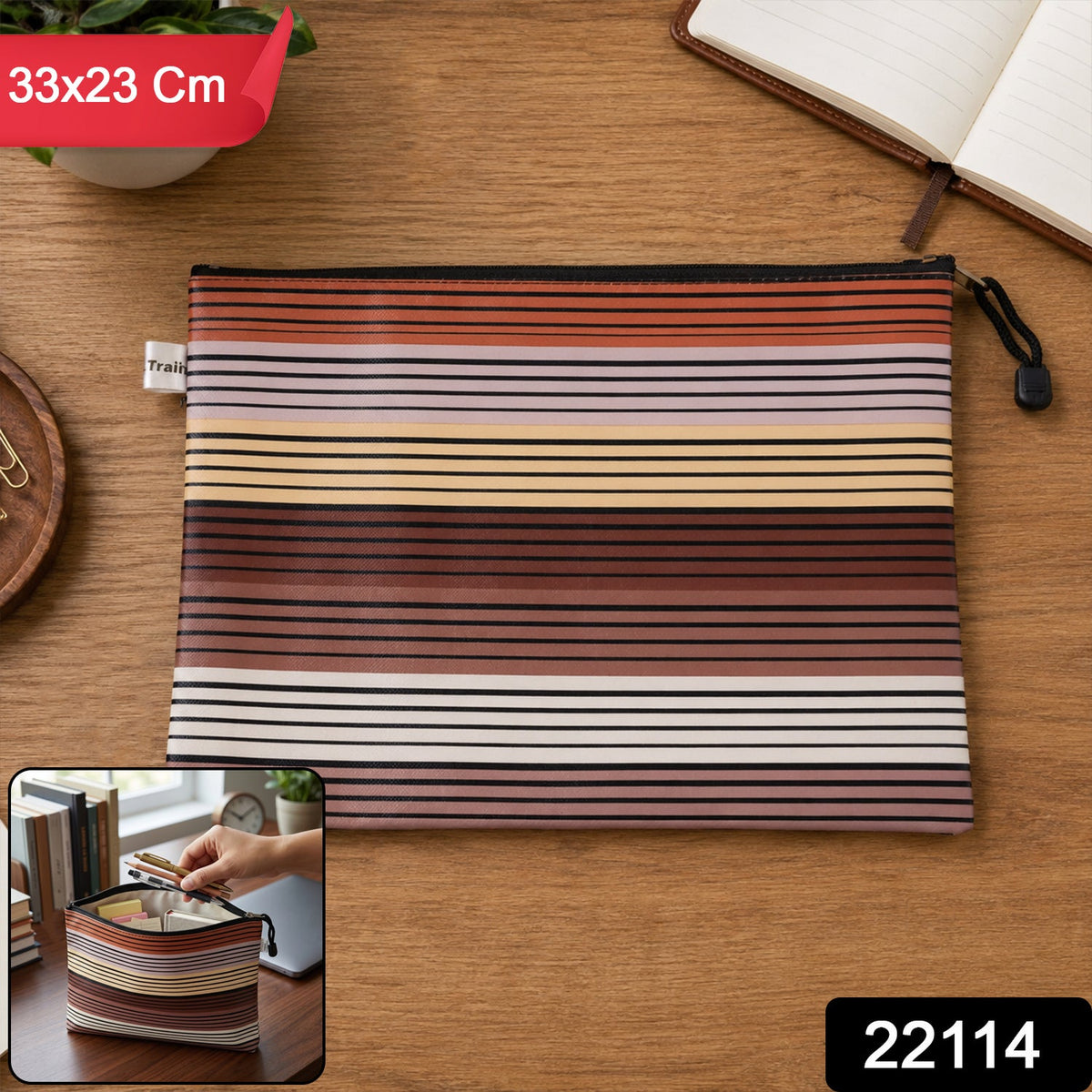 Close-up of waterproof zip closure on striped document pouch