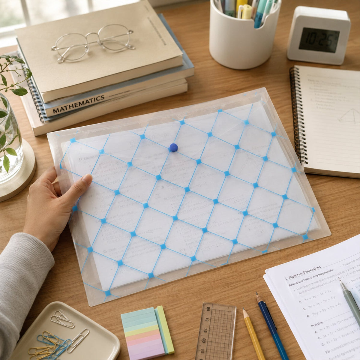 Folded plastic file folder with documents inside, portable and easy to carry