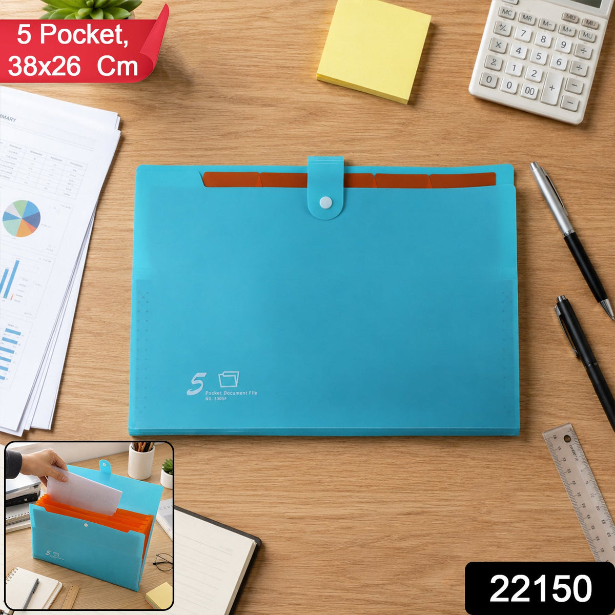 Multi-pocket A4 file folder in assorted colors, ideal for document organization