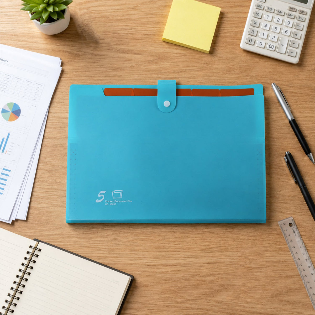 Durable water-resistant plastic folder with 5 compartments for papers