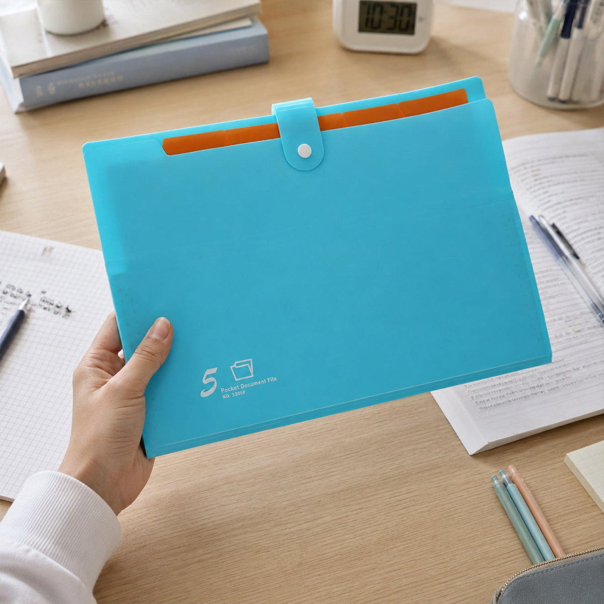 Close-up of the plastic folder's compartments for document sorting
