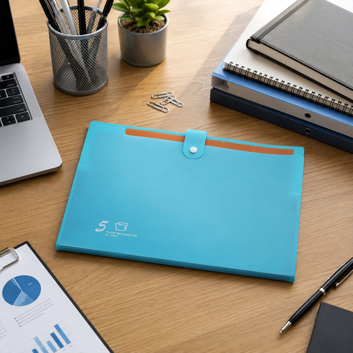 All angles of the durable plastic expandable file folder in assorted colors