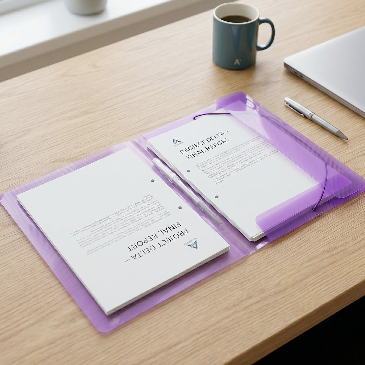 Stylish translucent plastic document folder held in hand.
