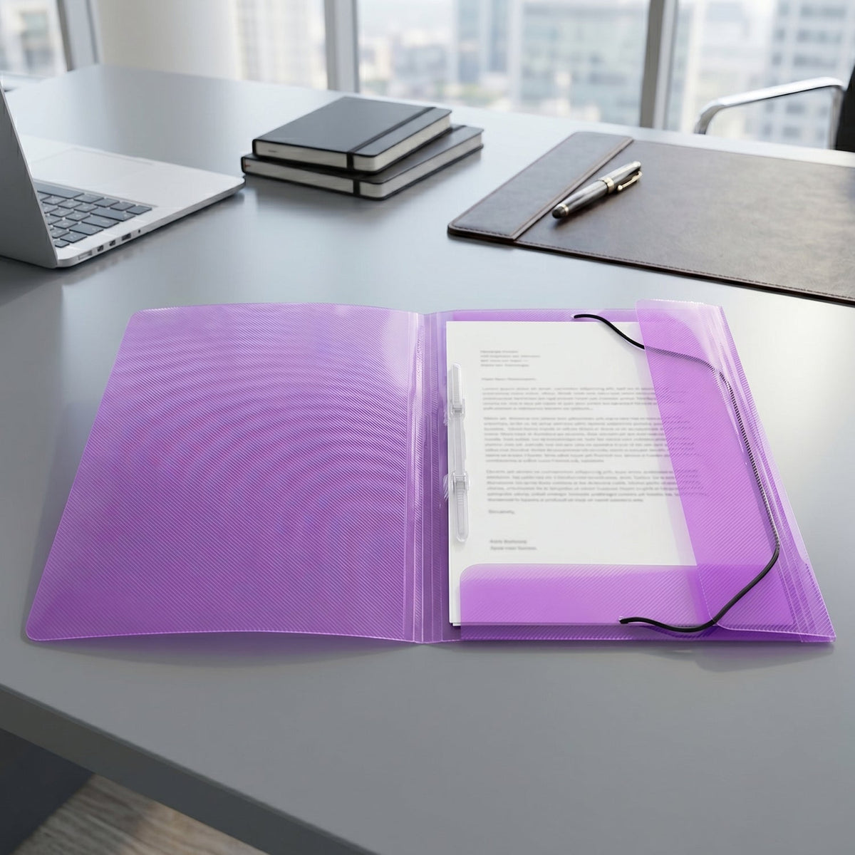 Open plastic folder showcasing organized documents.