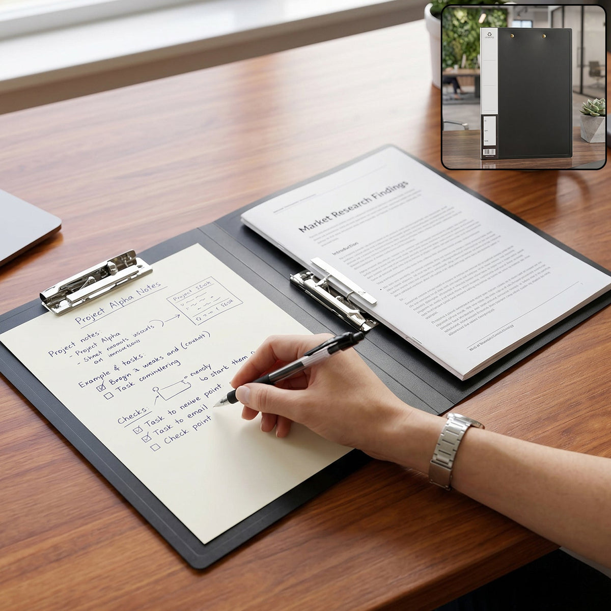 Foldable double clip document folder in black with metal clips for office and school use