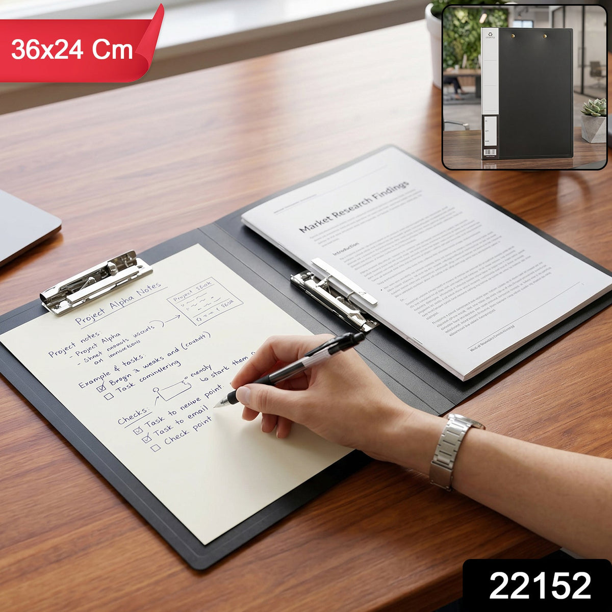 Close-up of strong metal clips holding papers on the foldable document folder