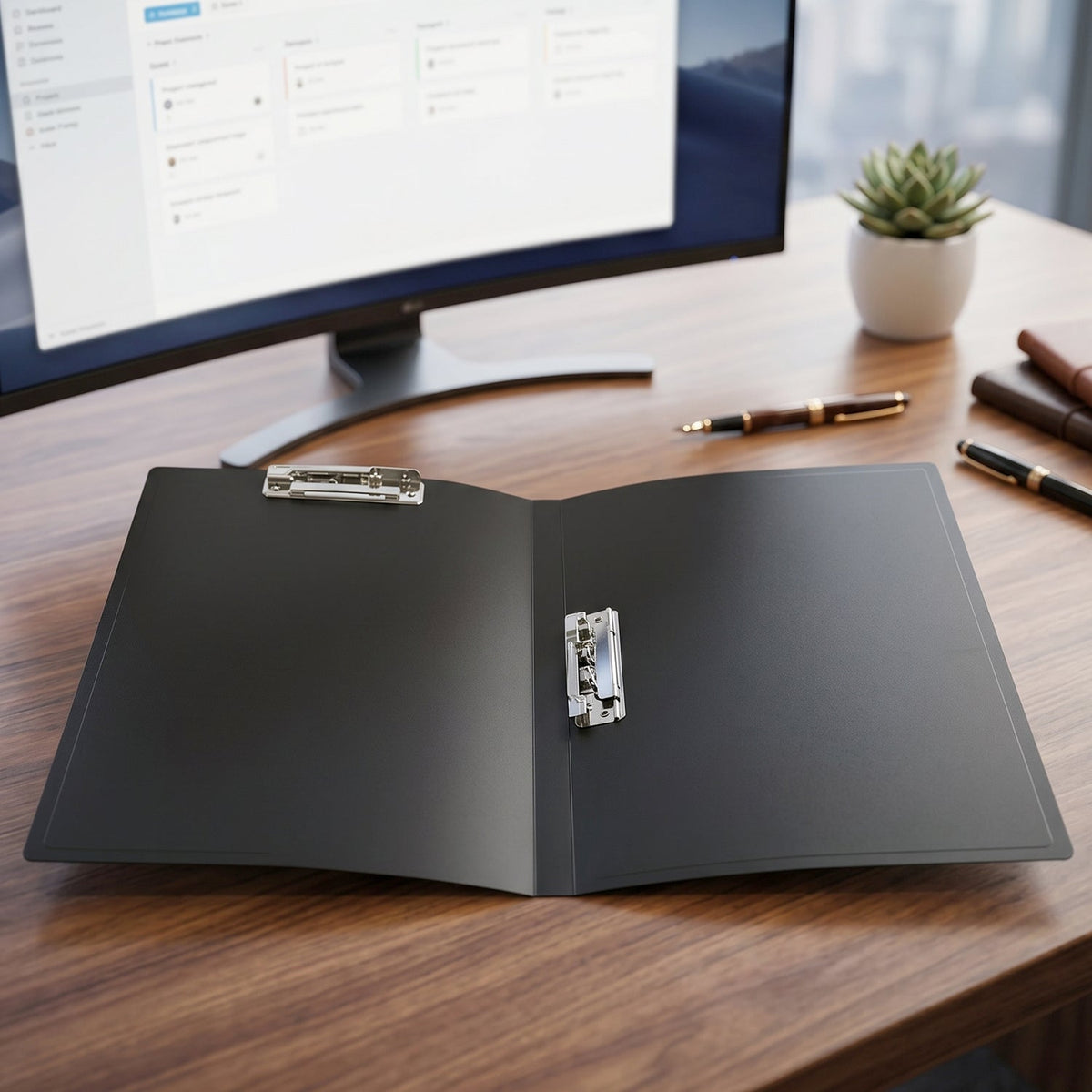 Open foldable document folder showing clips and paper holding ability