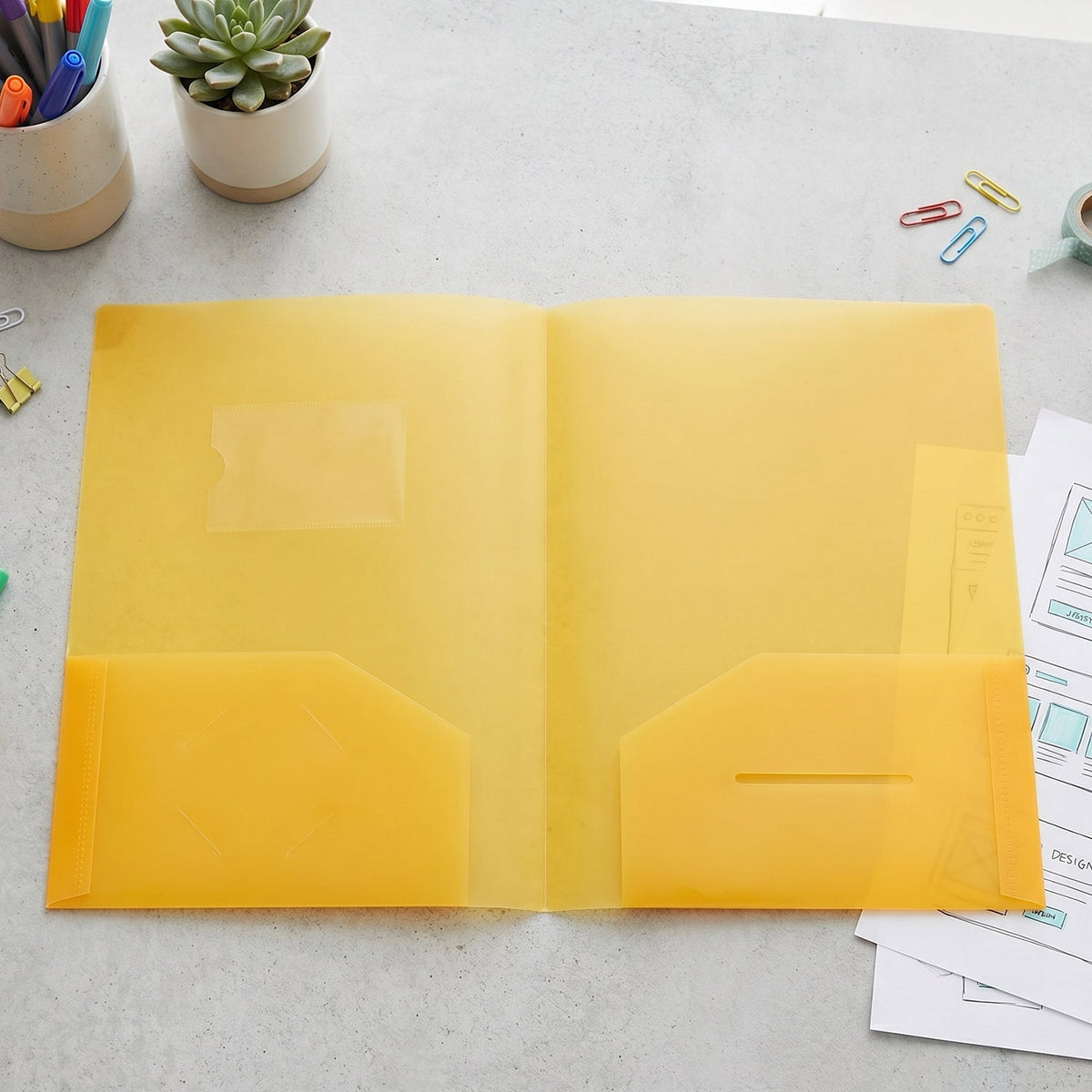 Reusable waterproof plastic folder with dual pockets and professional look