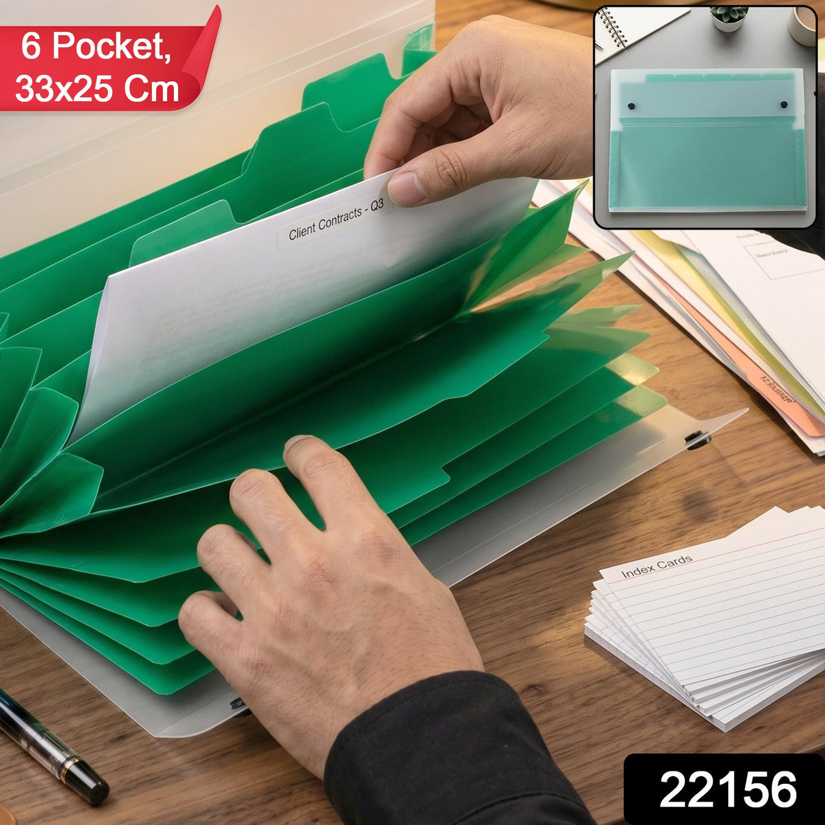 Open view of plastic A4 document folder with six spacious pockets and label tabs