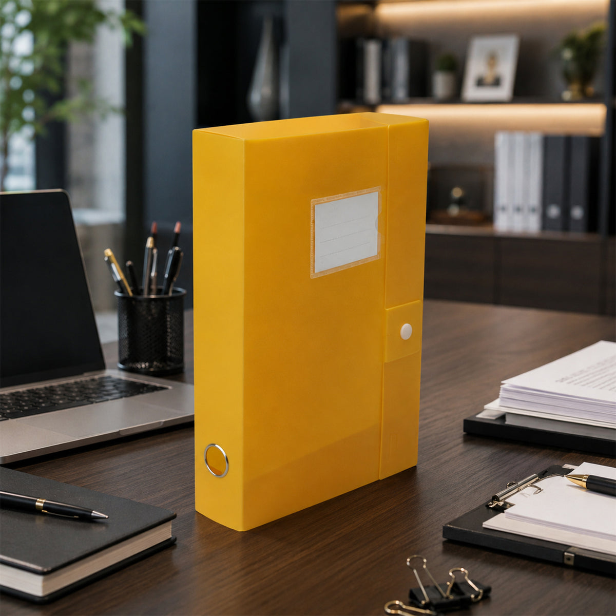Plastic document box file upright office desk view