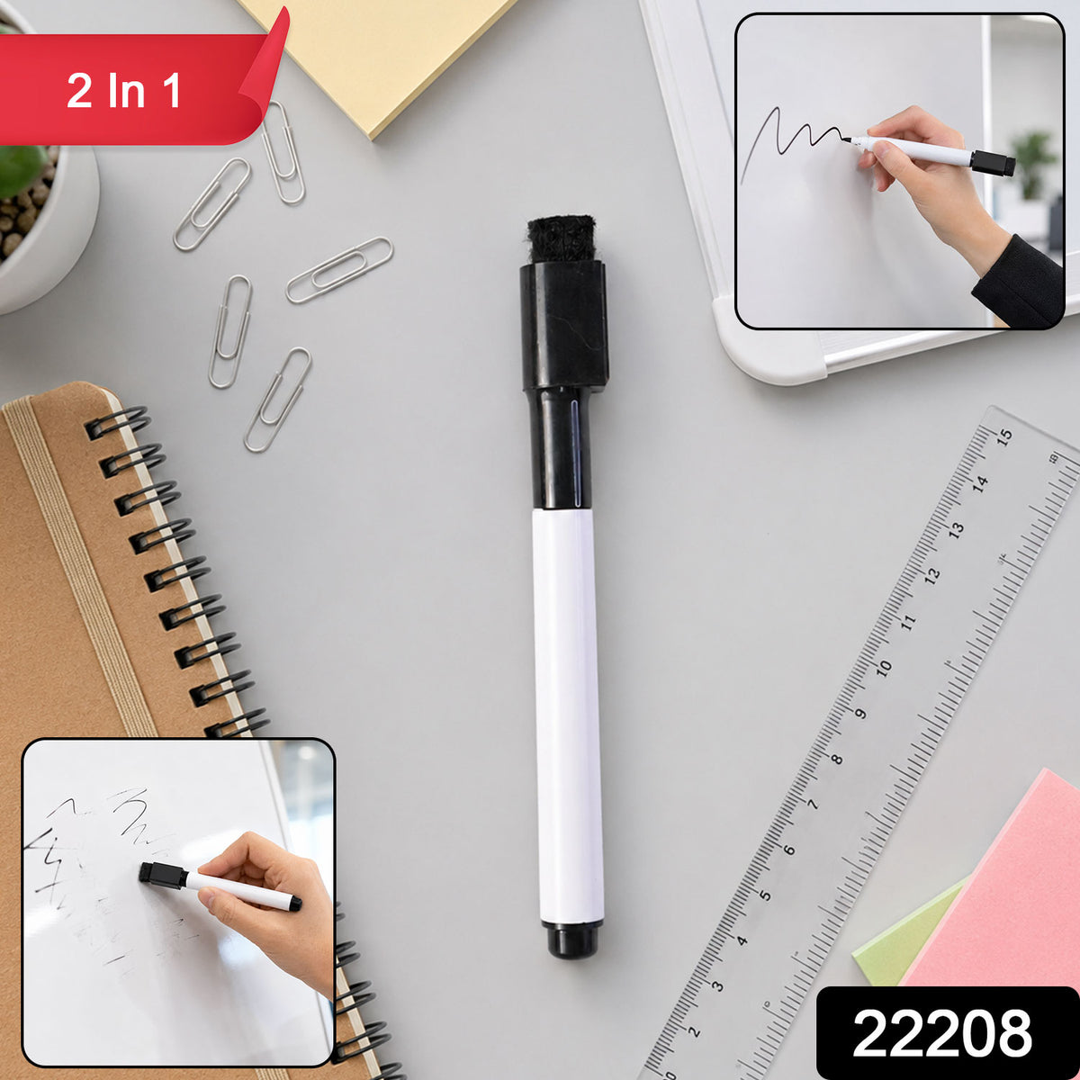 Whiteboard marker with felt eraser cap on the end, ready to use