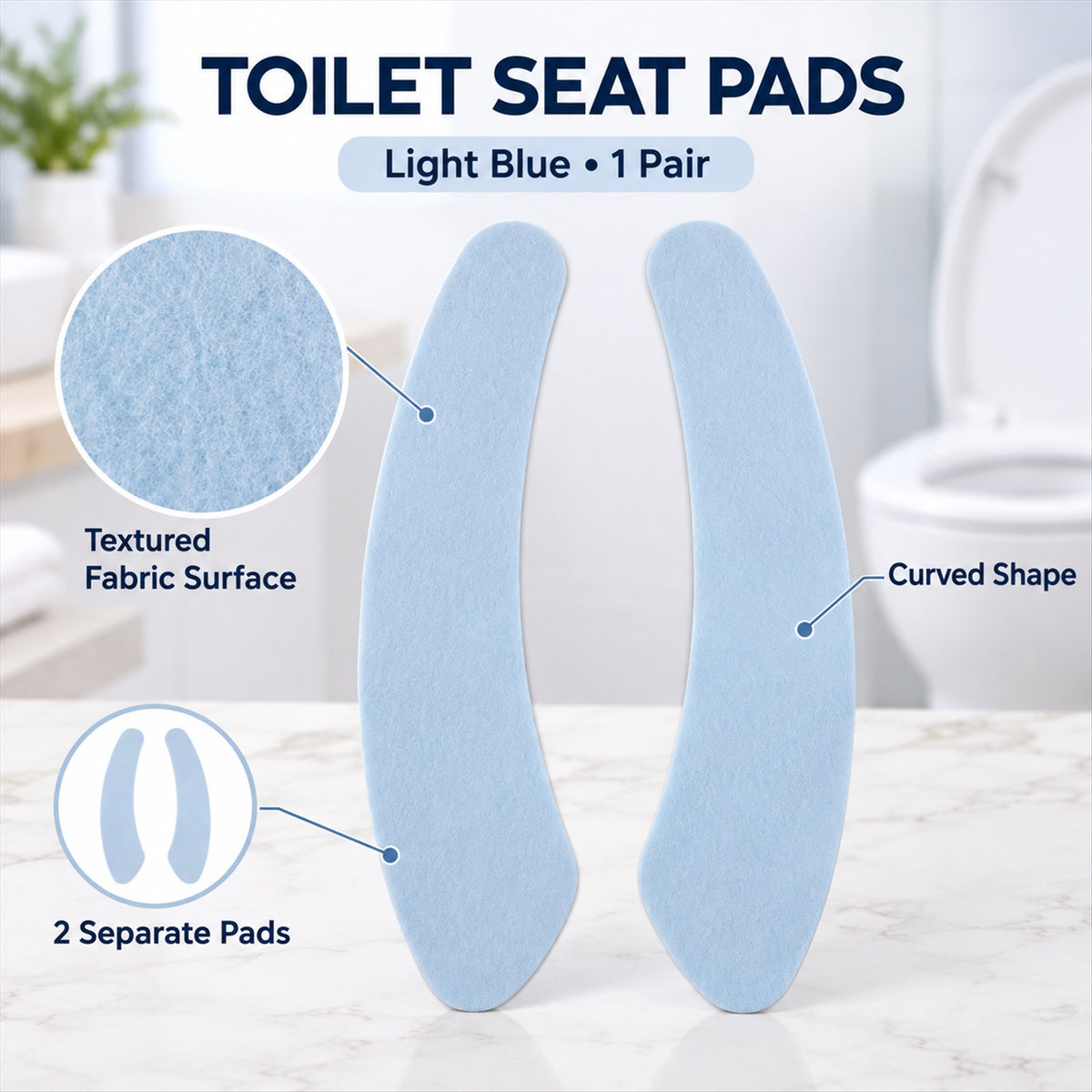 Two curved, light blue fabric toilet seat pads are displayed with textual callouts for texture and shape.