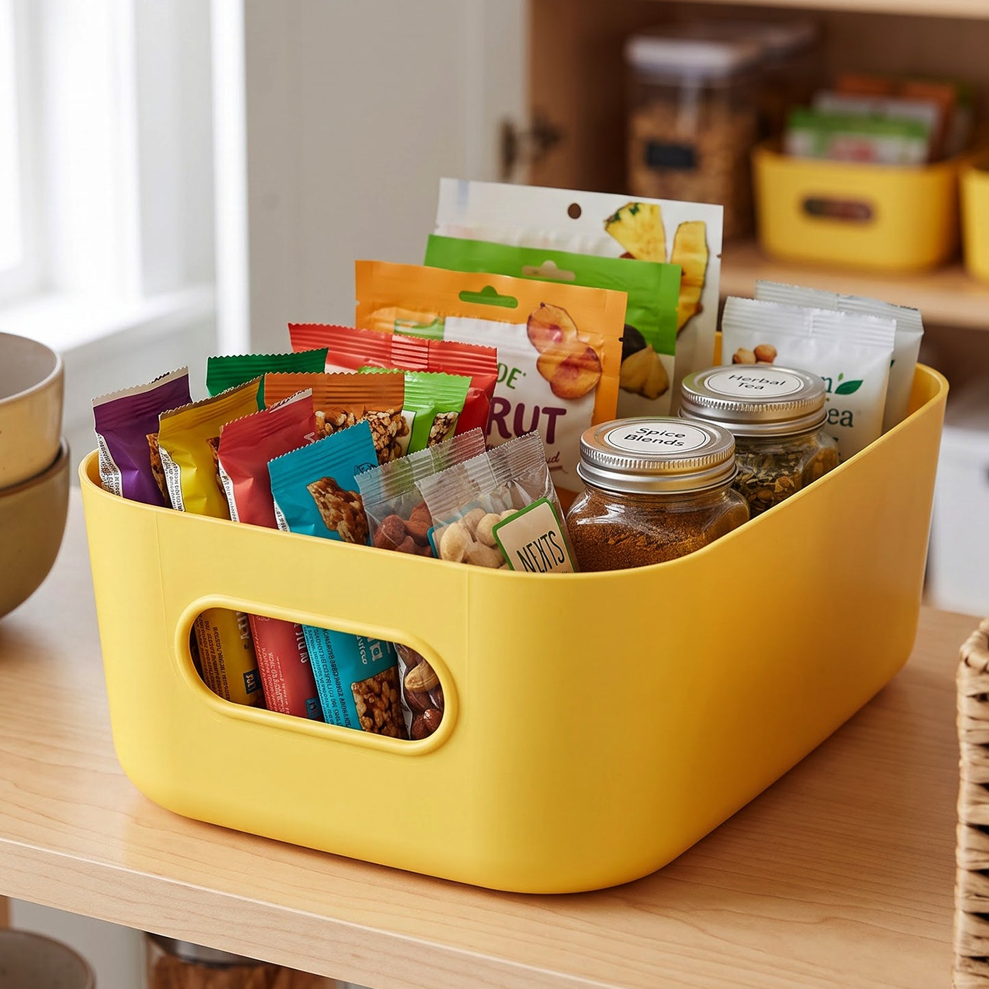 Storage basket holding kitchen snacks and jars