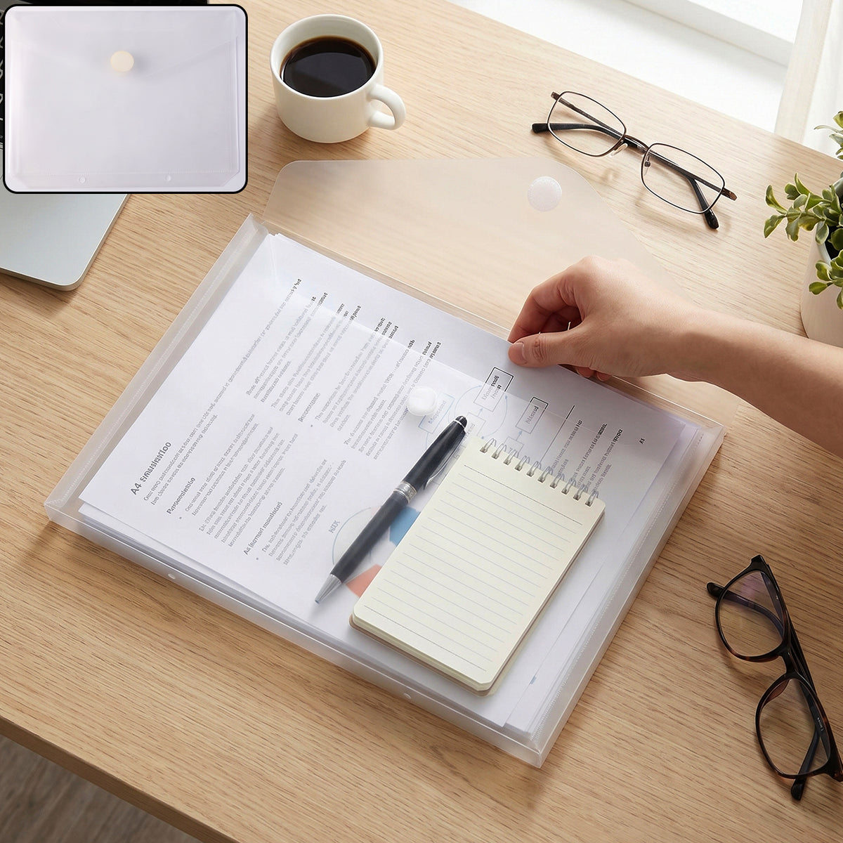 Transparent button file folder holding office documents on desk