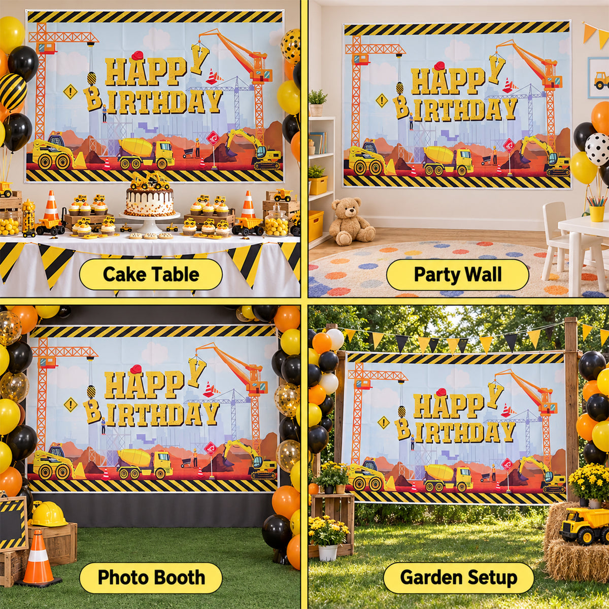 Four different scenes showing the construction-themed birthday banner used as a cake table backdrop, party wall, photo