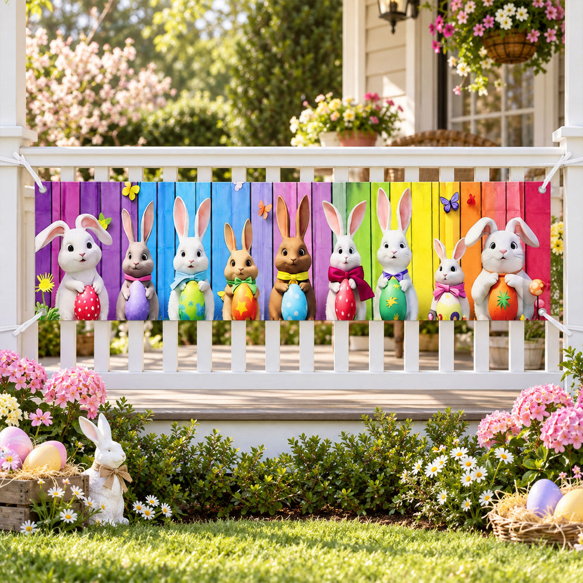 Easter bunny banner displayed across a garden railing