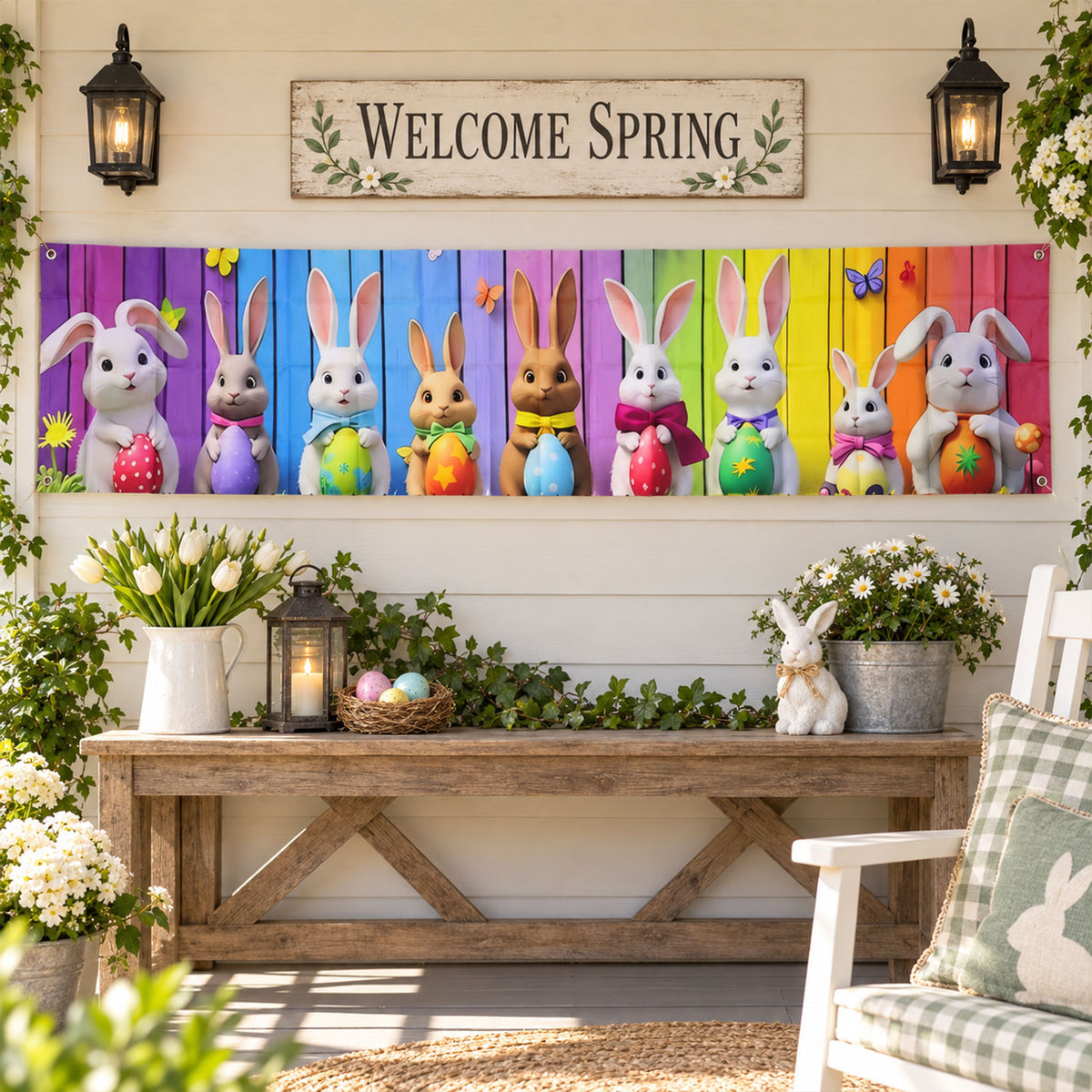 Bunny banner displayed above an entryway table