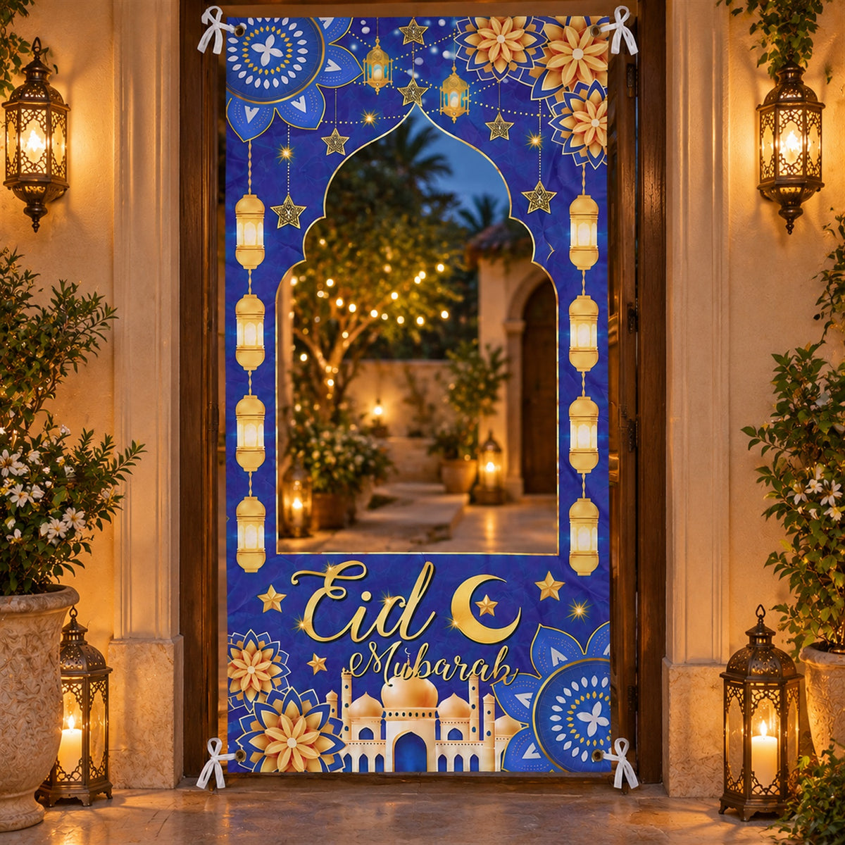 Eid arch banner decorating an evening entrance