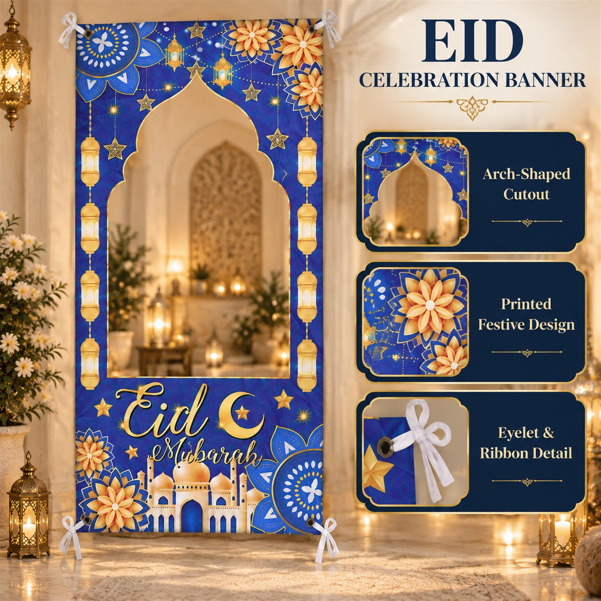 Arch cutout printed festive design and eyelet ribbon details