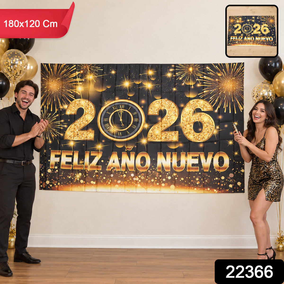 New Year backdrop with product code 22366 and dimensions