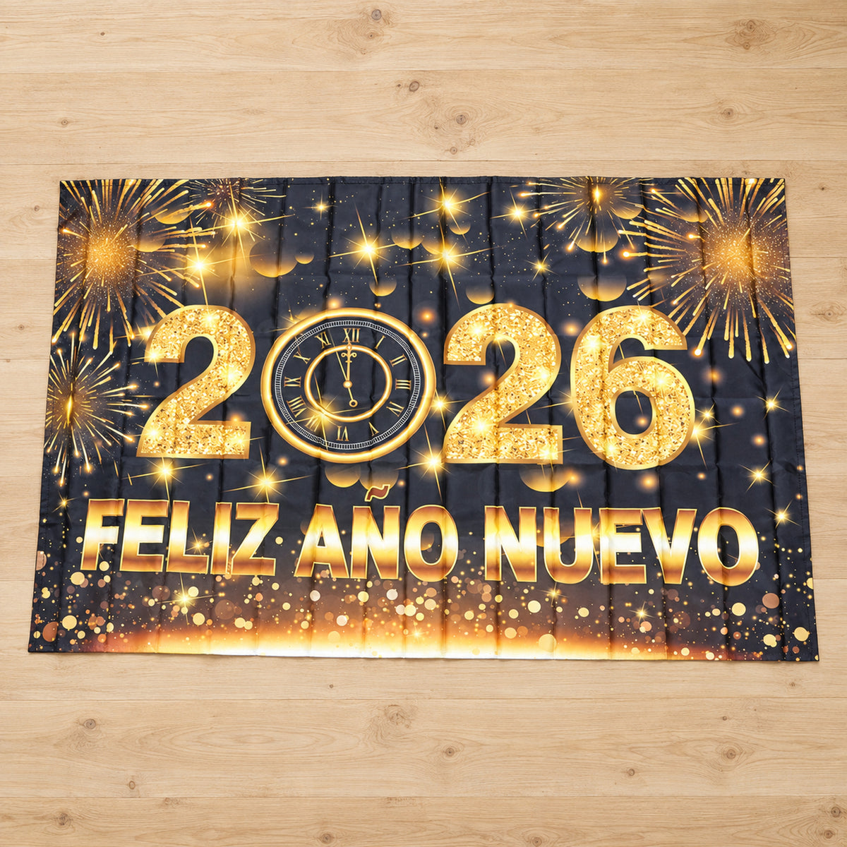 Printed New Year backdrop with clock and firework artwork