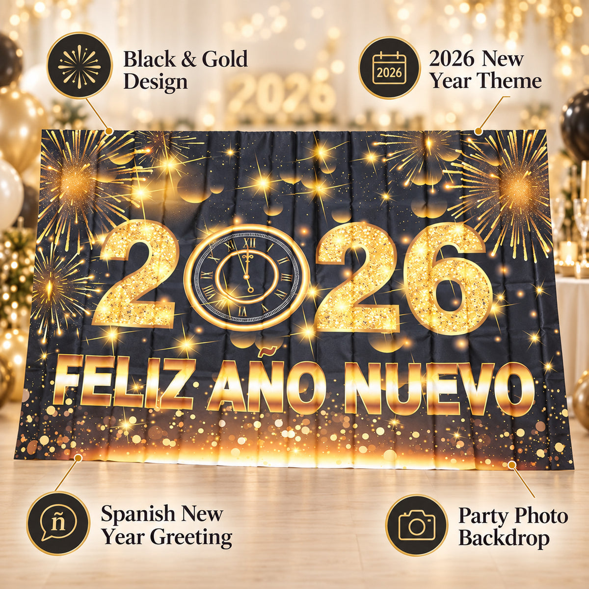 New Year backdrop design and Spanish greeting details