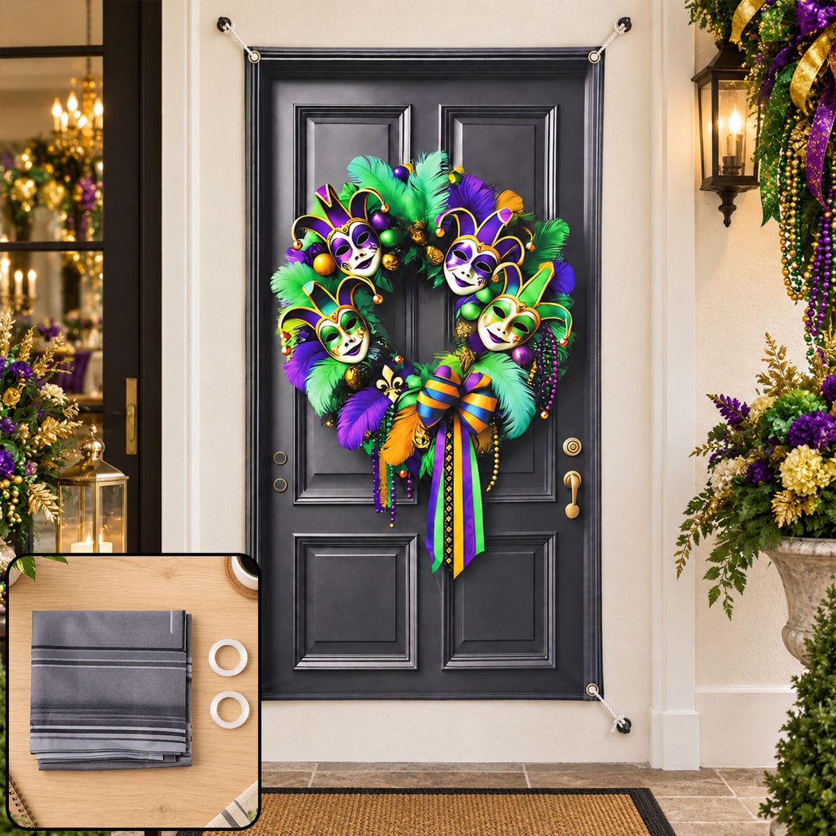 Printed masquerade wreath and door backdrop decorating an entrance