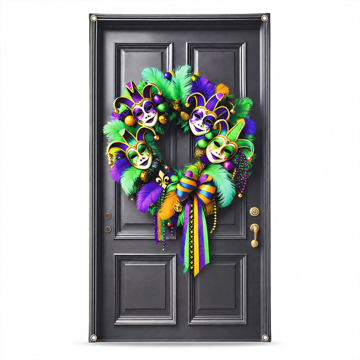 Printed door and masquerade wreath backdrop on white background