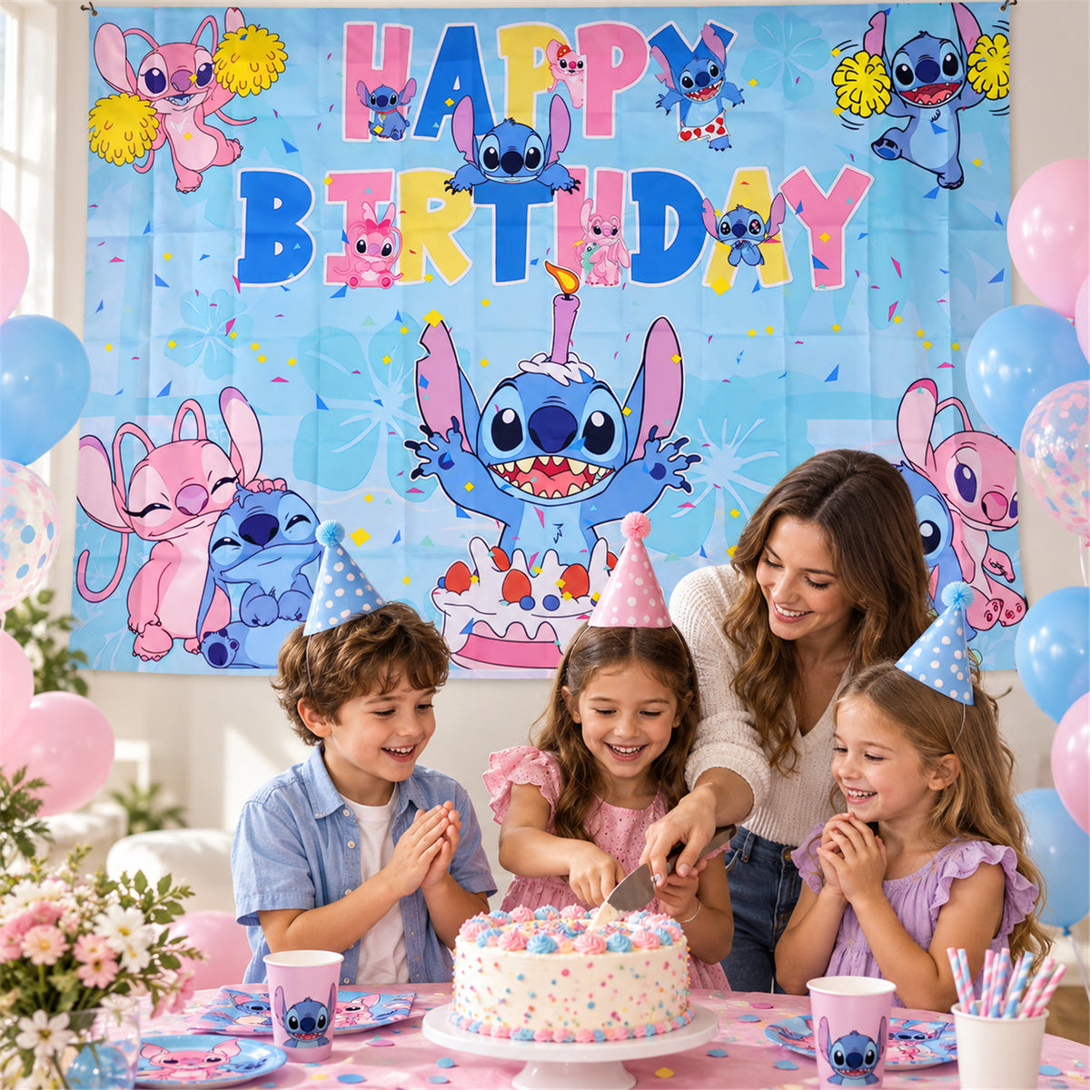 Cartoon character Happy Birthday backdrop behind a celebration table