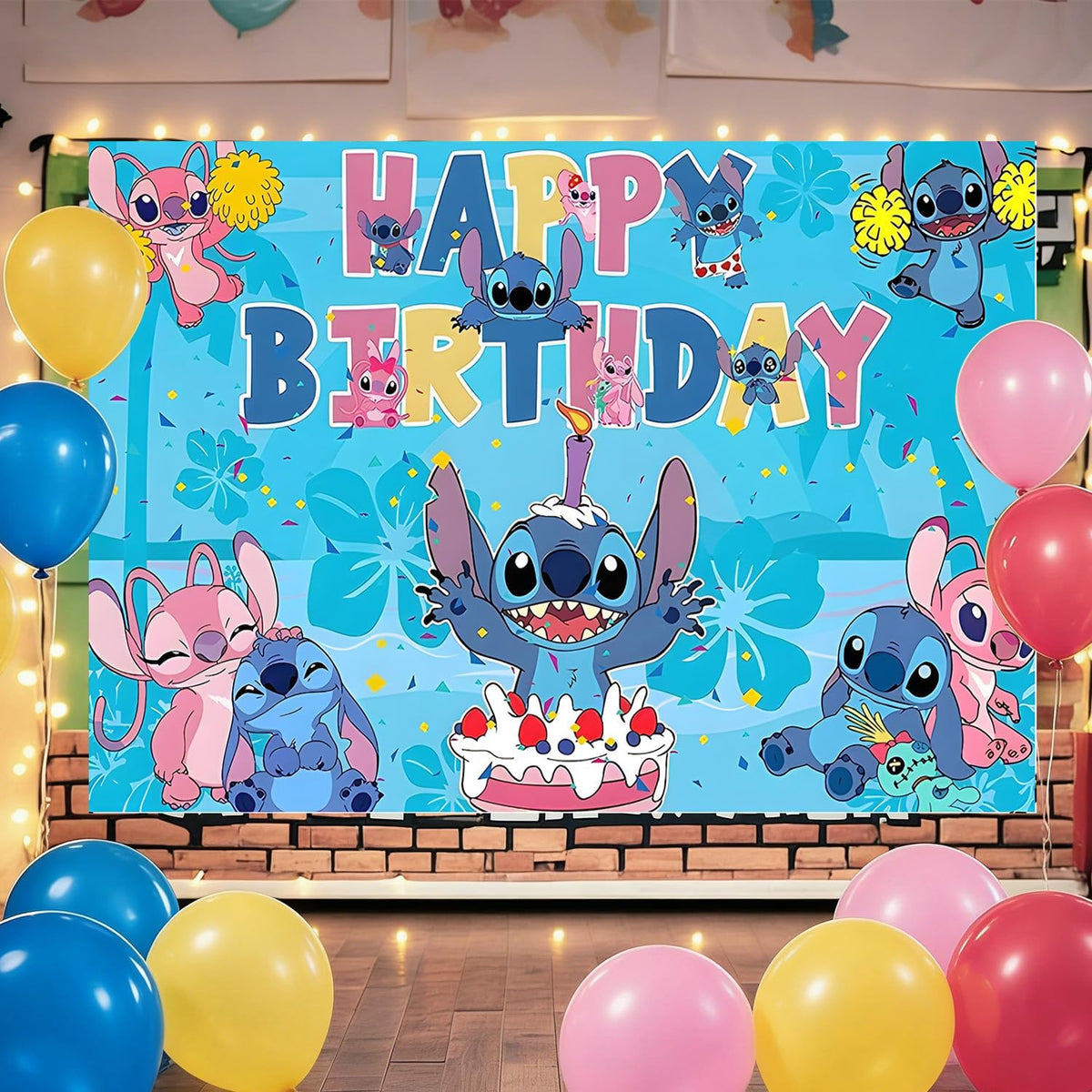 Printed Happy Birthday banner with cartoon character artwork