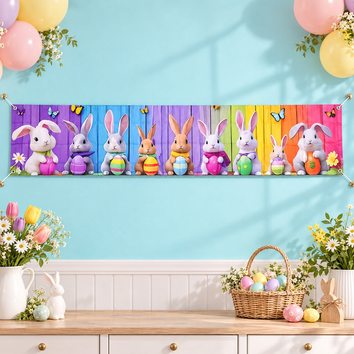 Easter bunny and egg banner decorating a wall