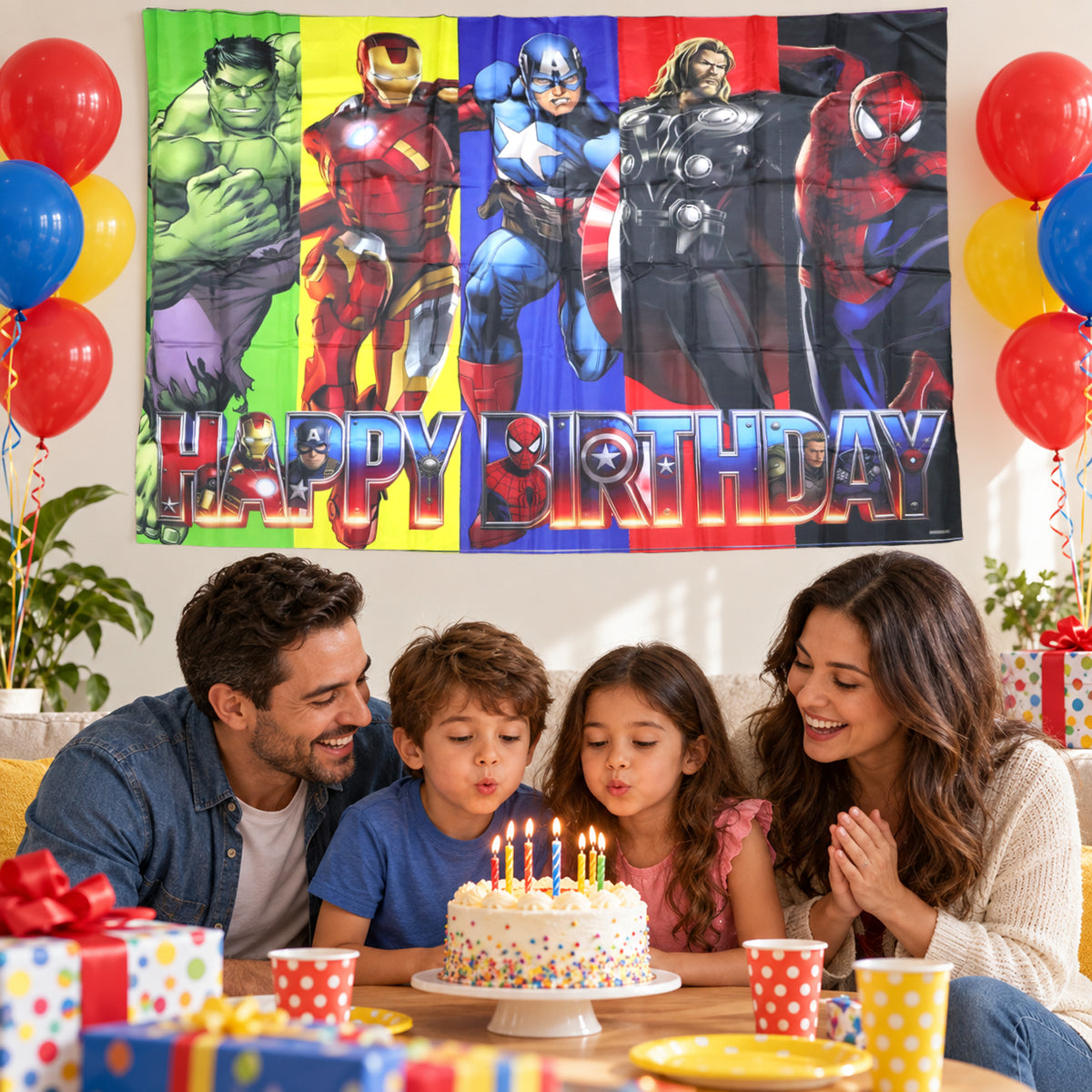 Superhero character Happy Birthday backdrop behind a party table