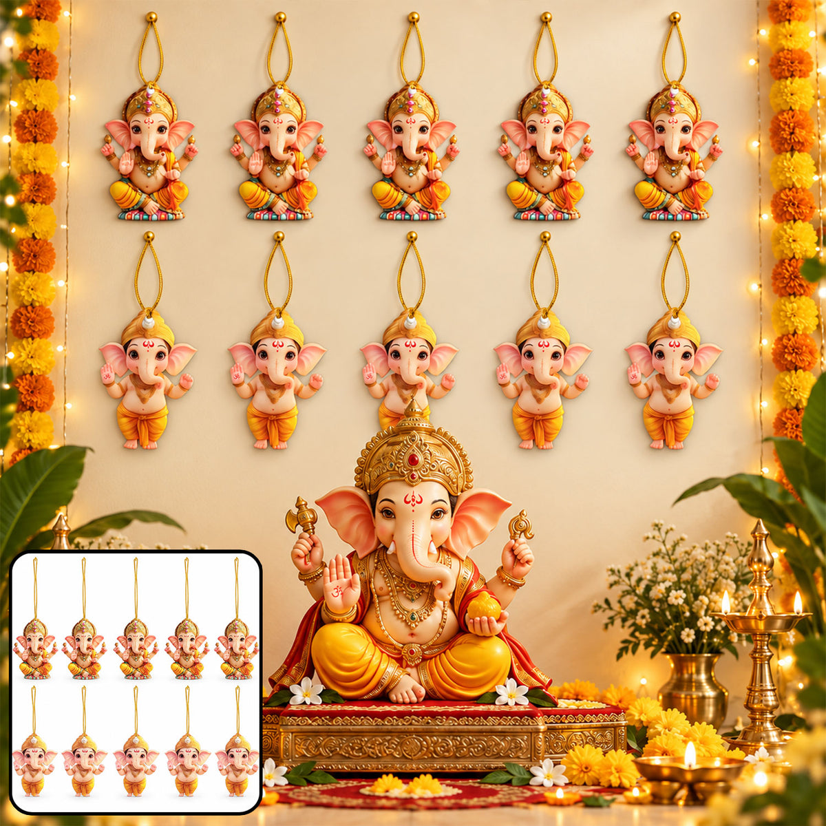 Ganpati hanging decorations displayed at a festive altar