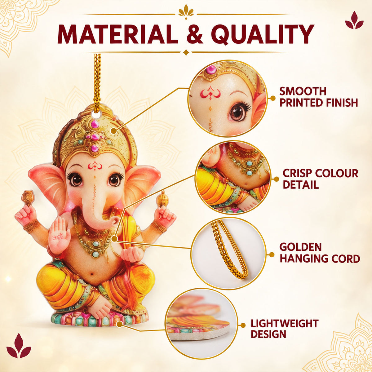 Printed Ganpati decoration and hanging cord details