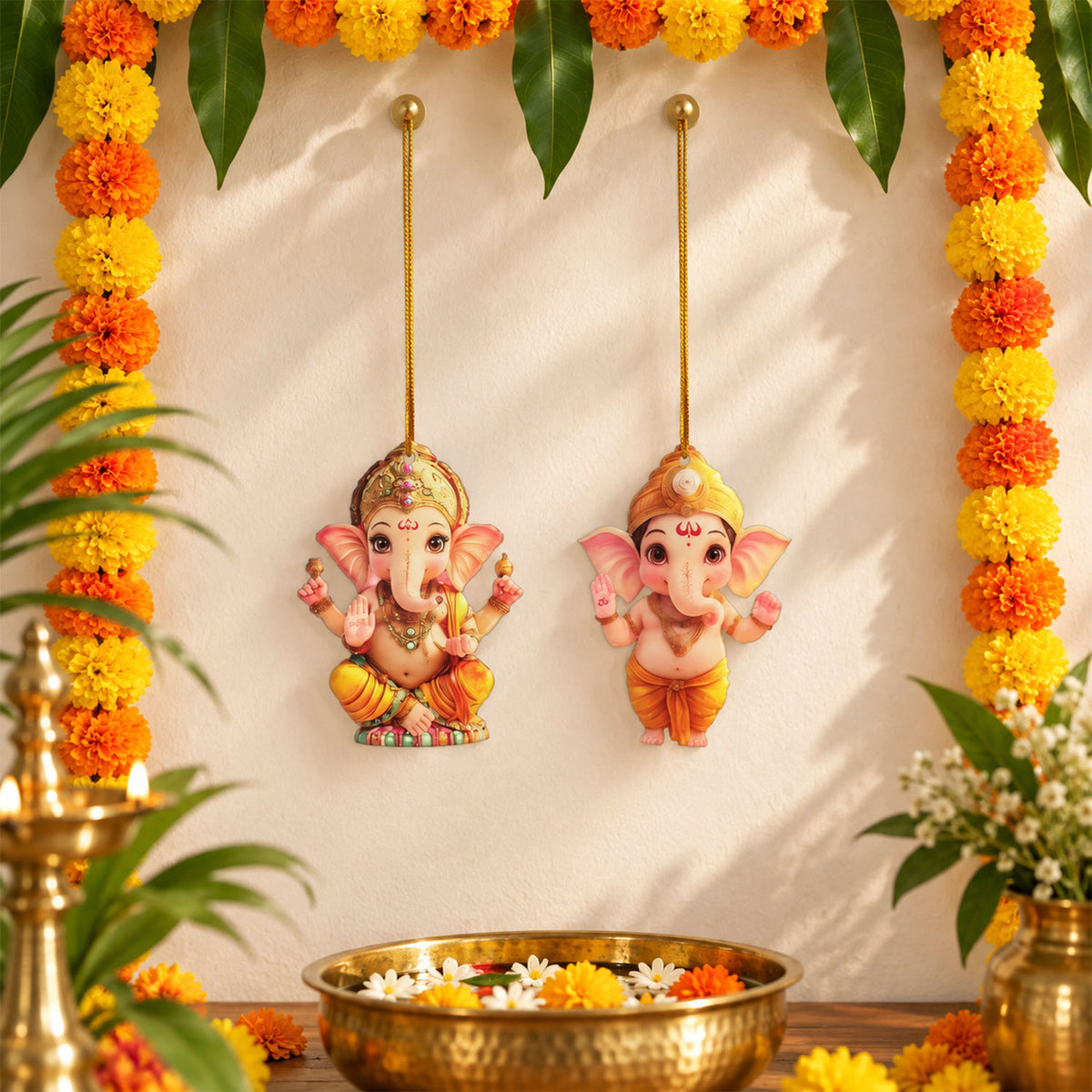 Ganpati hangings displayed with festive garlands