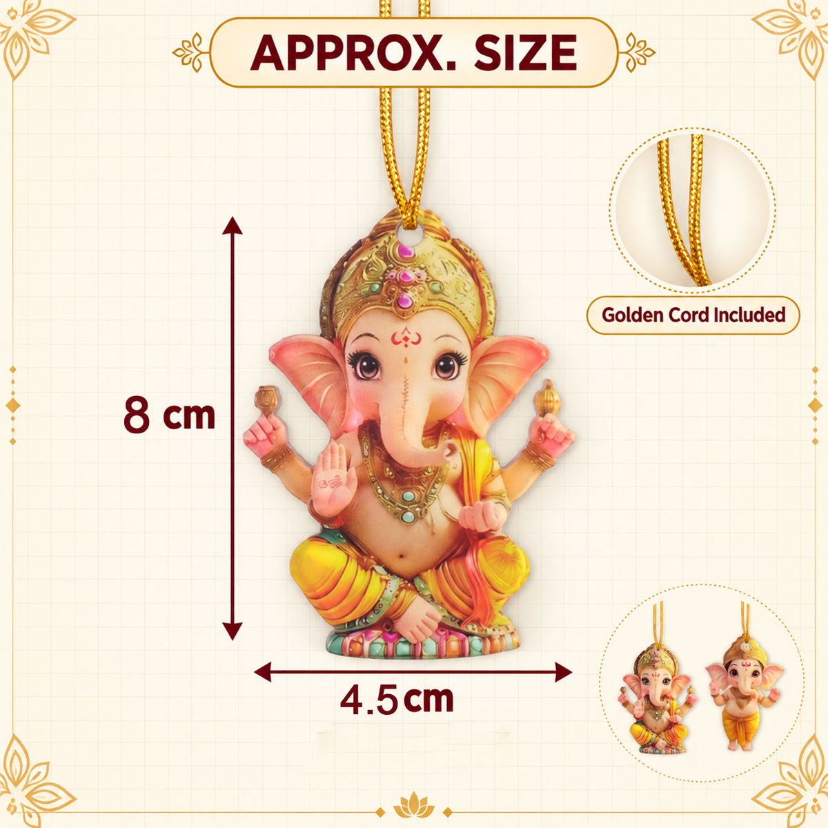 Example Ganesha hanging approximate size 8 cm by 4.5 cm