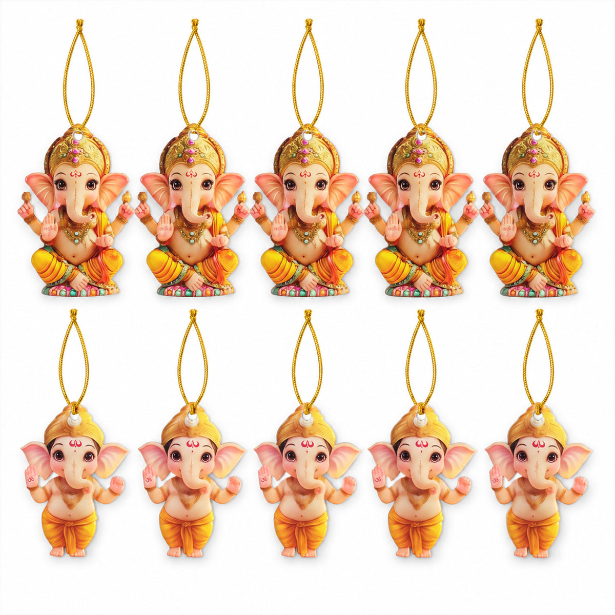 Ten Ganesha hanging decorations on white background