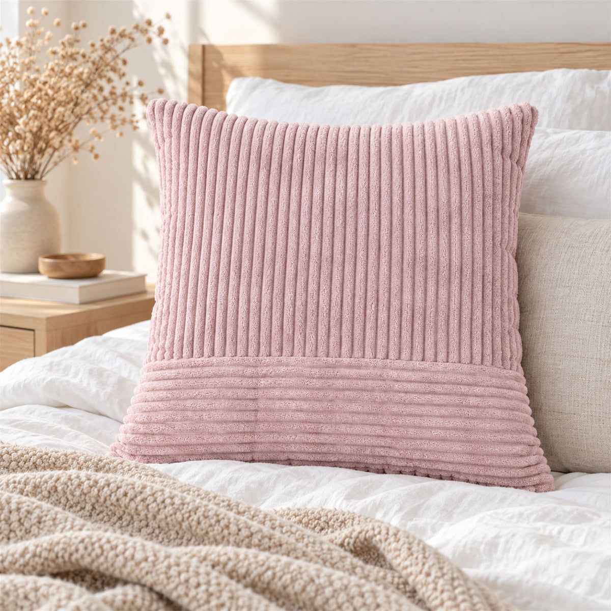 Pink ribbed pillow cover on bed