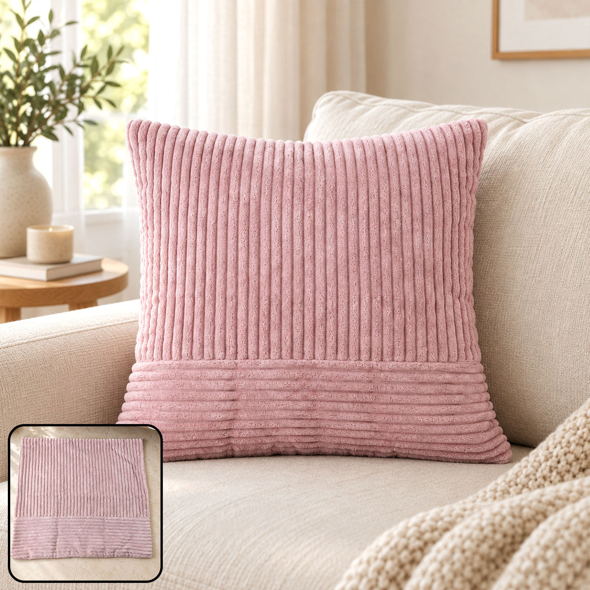Pink soft pillow cover on sofa