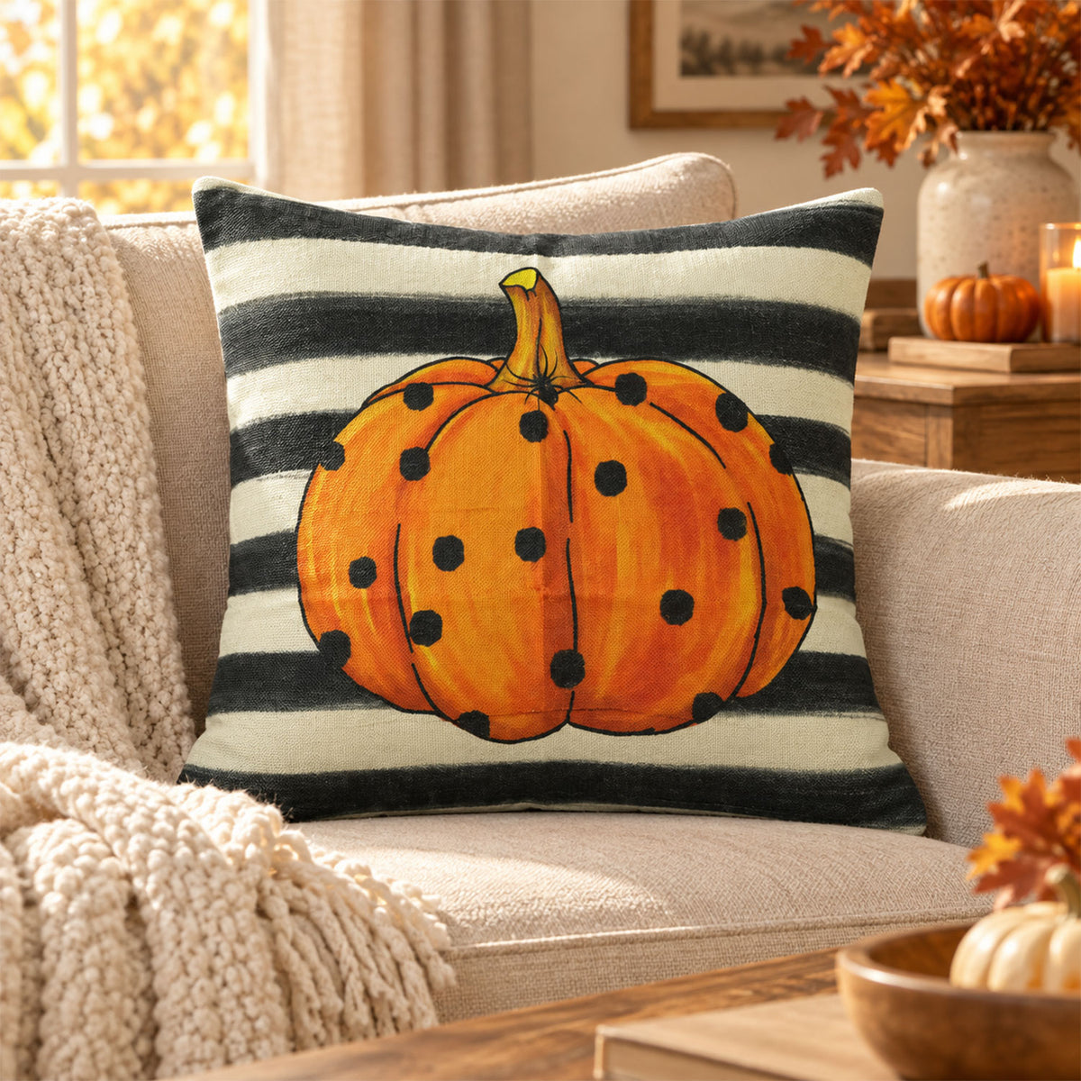 Autumn pumpkin print pillow cover on sofa