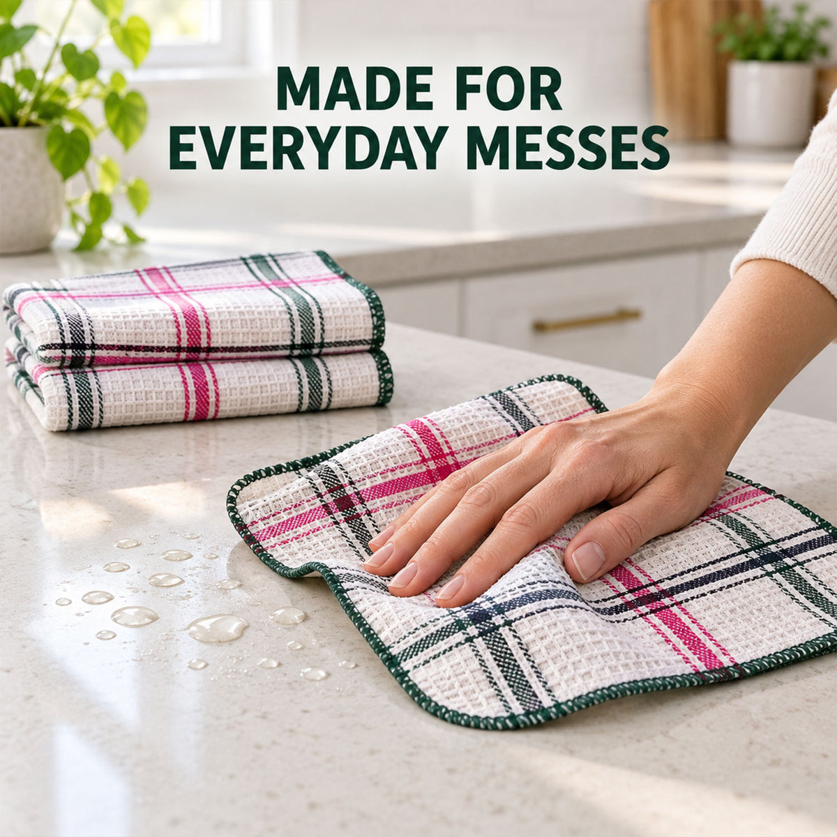Reusable dish cloth wiping a kitchen counter
